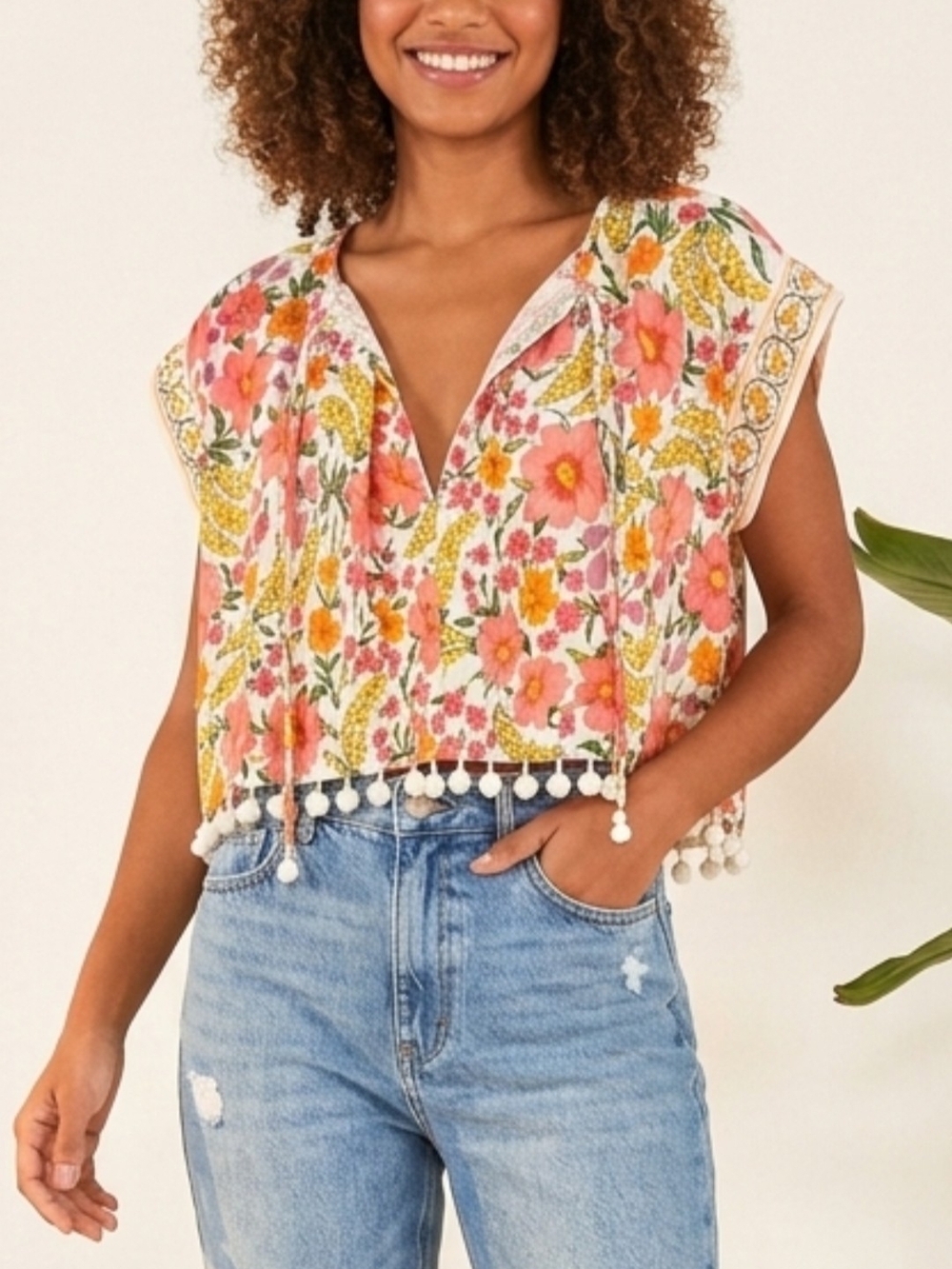 NWT FARM Rio Floral Pom-Pom Cropped V-Neck Top - Pink/Yellow